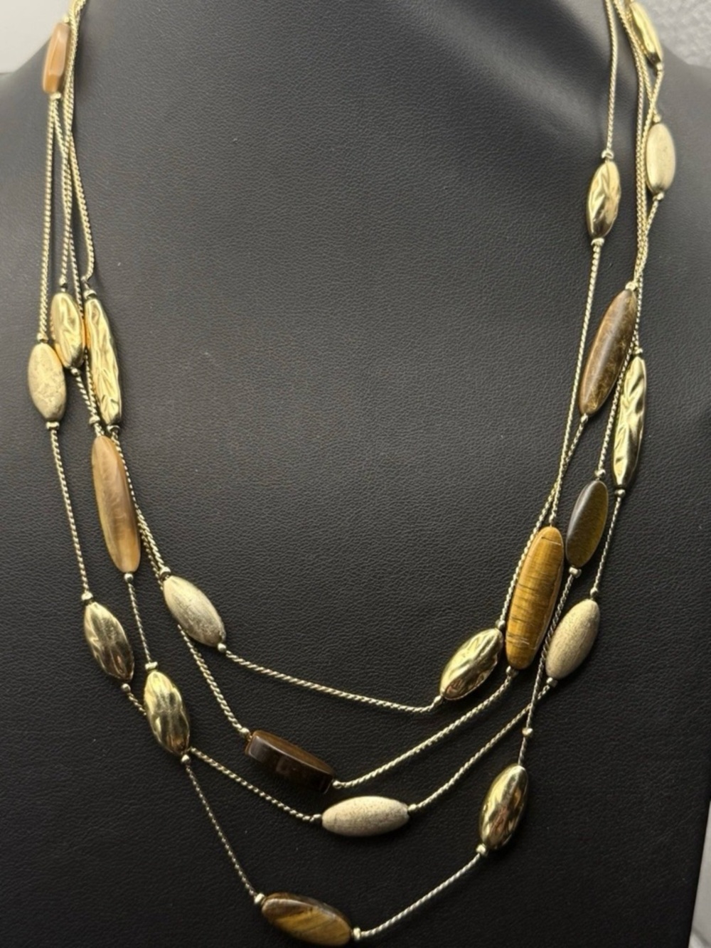 Vintage Monet Gold Tone 4-Strand Layered Necklace Tiger Eye Brown Beads 18"